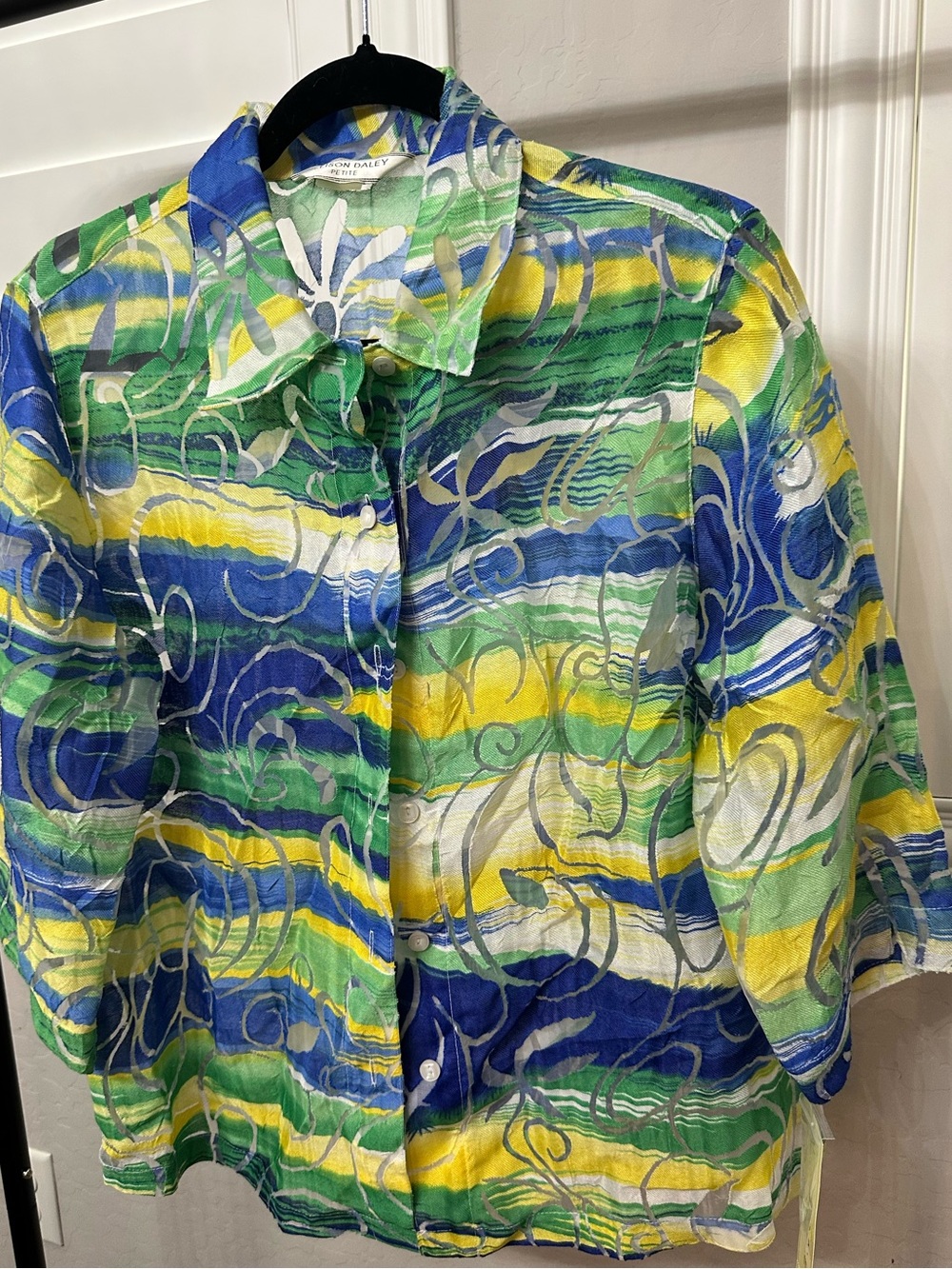 Bundle 4/$25 Allison Daley Multicolor Wave-Print Button-Down Shirt - Green/Blue/